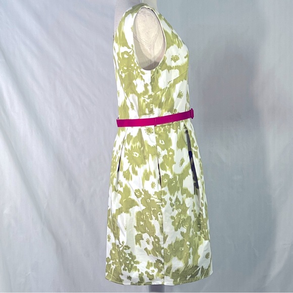 Jessica Howard Green & White Sleeveless V Back Fit & Flare Dress Pink Belt 12 - Picture 4 of 7